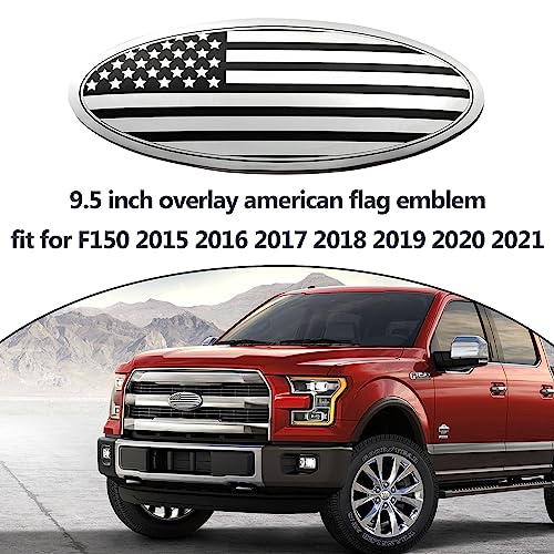 Image of 9.5 Inch Front Grille American Flag Overlay Emblem Compatible with Ford, Silver Rear Tailgate Flag Emblem Badge Compatible with F150 2015-2021