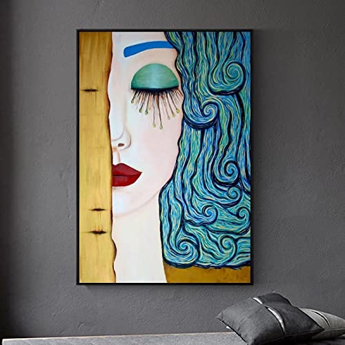 Peinture abstraite Gustav Klimt Le Baiser grand tableau déco salon avec cadre de 90x140cm
