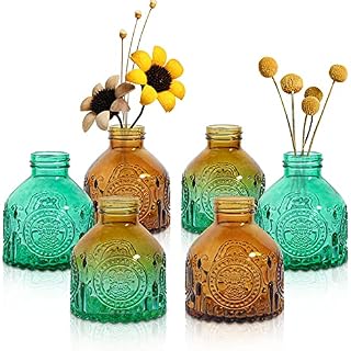 ComSaf Glass Bud Vase Set of 6, Small Vintage Flower Bottle, Crystal Sweet Pea Vase for Floral Arrangements, Table Centrepiece Decoration for Home Wedding Party Event Office, Modern Decor, Brown Green