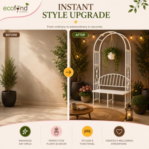 Image of ecofynd 6.6 Feet High x 3 Feet Wide Garden Arch with 2-Seater Bench, Metal Arbor Trellis for Climbing Plant with Outdoor Garden Chair, Backdrop Stand for Wedding Lawn Backyard Party Decor (GC001-WHT)