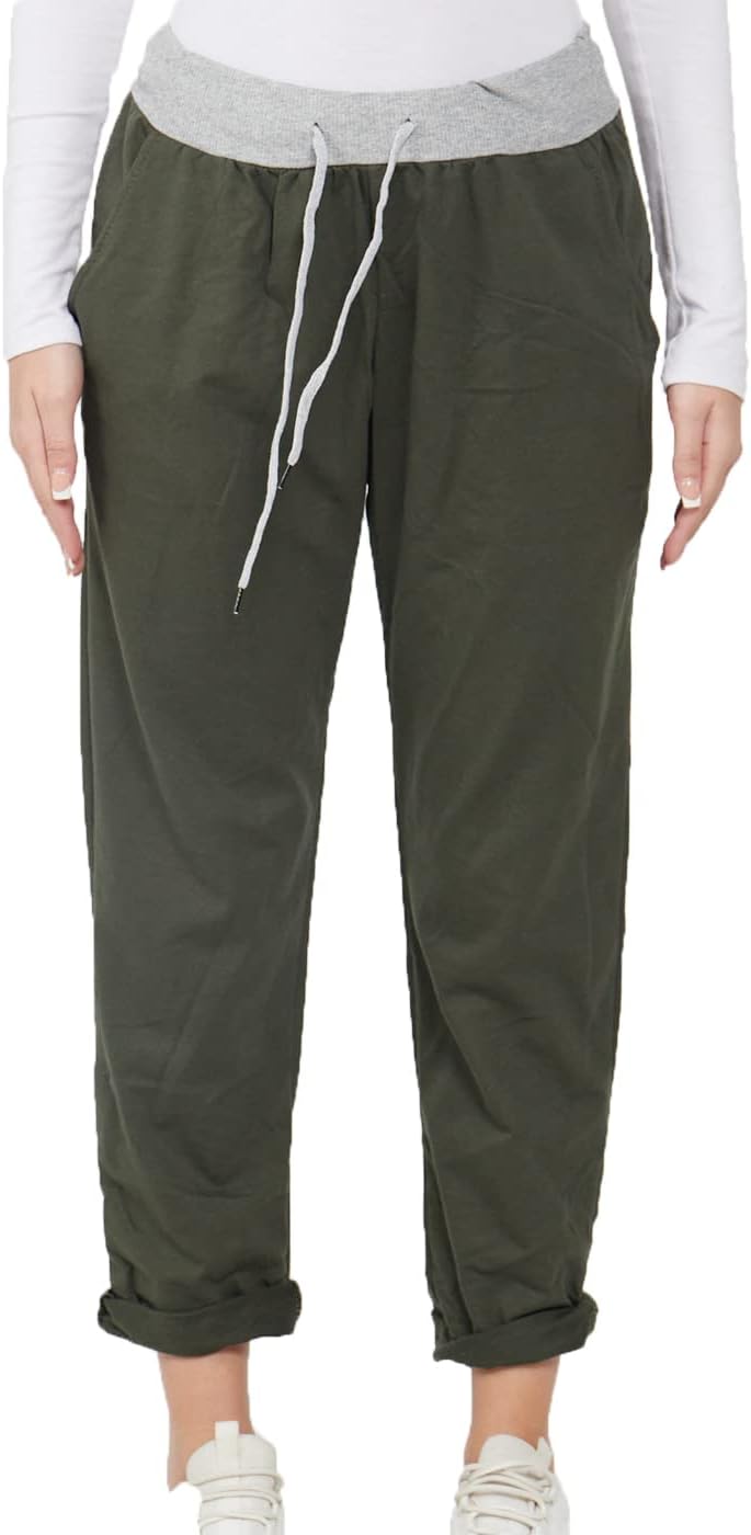 Crazy Fashion Italian Floral Trousers for Women Dark Light Denim Summer Plain Casual High Waisted Drawstring Running Pants Ladies Plus Size Joggers UK 8-22