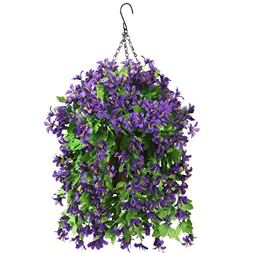 Inqcmy Artificial Hanging Violet Flowers In Basket For Patio Garden Decor,Artificial Hanging Vine Plant In Basket,Coconut Lining With Flower For The Decoration Of Outdoor And Indoor(Purple) #TOP25
