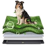 atboma Dog Grass Pad with Tray, 34×23in Large Litter Box, 2×Grass Pad for Dogs Potty Washable, Thick Soft Odor-Free Hemmed Dog Pee Grass, Indoor Potty Training Balcony