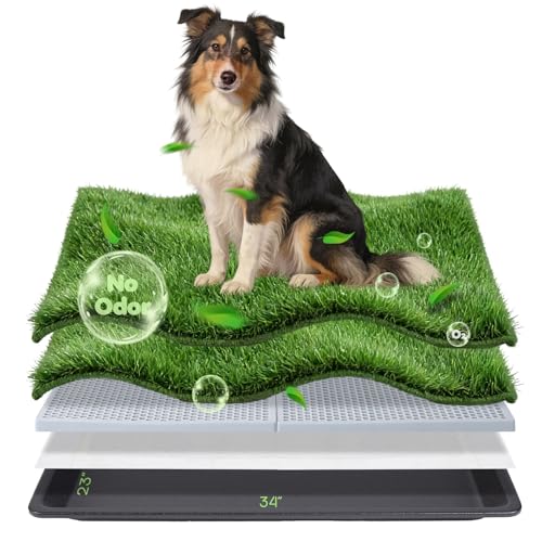 atboma Dog Grass Pad with Tray, 34×23in Large Litter Box, 2×Grass Pad for Dogs Potty Washable, Thick Soft Odor-Free Hemmed Dog Pee Grass, Indoor Potty Training Balcony