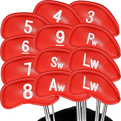 Fundas para cabezas de palos de golf, de cuero sintético, paquete de 12 unidades, color rojo, fundas para cabeza de golf con números impresos, luz duradera para hombres y mujeres, color negro, azul,