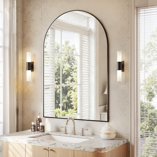 Image of Antok Arched Bathroom Mirror, 24 inchx36 inch Wall Mounted Mirror, Vanity Mirrors for Over Sink, Aluminum Alloy Frame Bathroom Mirrors Living Room, Bedroom and Entryway, Black