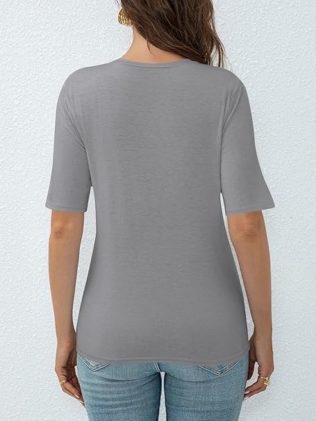 Women's V-Neck T-Shirt, Half Sleeve Casual Top, Solid Gray, Relaxed Fit Summer Tee