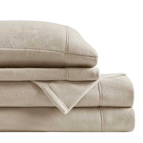Image of True North by Sleep Philosophy Micro Fleece Bed Sheet Set, Warm, Sheets with 14 inch Deep Pocket, for Cold Season Cozy Sheet-Set, Matching Pillow Case, Queen, Khaki, 4 Piece