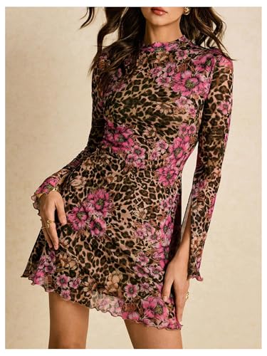 Image of BEAUDRM Women's Y2k Leopard Print Sheer Mesh Mini Dress Bell Long Sleeve Short Dresses