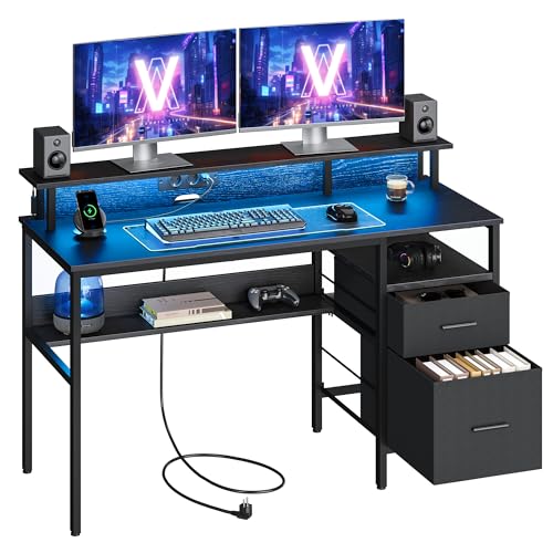 VASAGLE Scrivania per Computer con Cassetti in Tessuto, Supporto per Monitor, Luci a LED e Prese di Corrente, 55 x 135 x 90 cm, 2 Porte USB-A, Nero Ebano LWD094B56