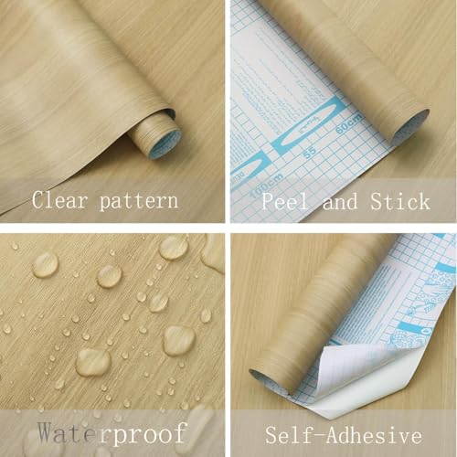 Image of TEKCOOL Peel and Stick Wallpaper Wood Contact Paper Woods Wallpaper Cream Wood Grain Contact Paper Thicken Textured for Cabinets and Drawers Countertops Waterproof Self Adhesive Vinyl (45x300-1pc)'