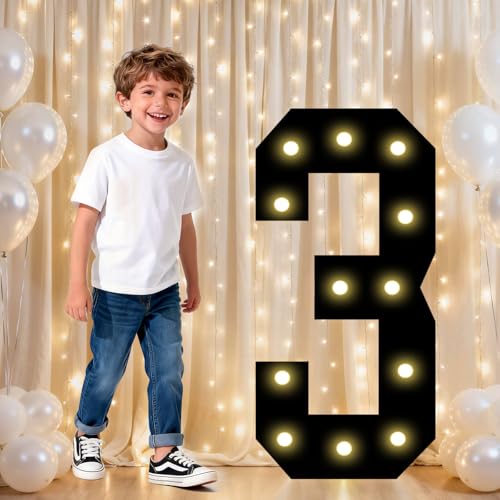 Image of Pooqla 3rd Birthday Decorations for Boys, 2.4FT Light Up Numbers | Marquee Numbers Black Party Decorations, Large Lighted Number Gifts for Boys 13th 30th Anniversary Decoration Party Backdrop