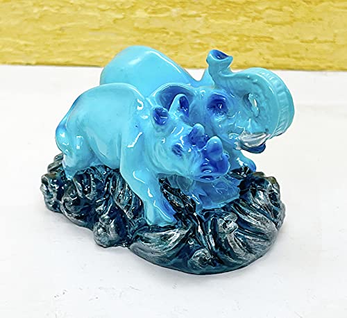 Image of Exclusive Fengshui Polyresin Blue Elephant with Hippo Trunk Up for Wealth Good Luck & Fortune. (ES-2603)