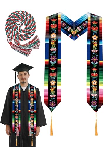 Vivrerizo Mexican Graduation Stole - 2 Pcs Flowers Print Serape Stole Mexico Sash with Tassels and Honor Cords for Grads Decorations Class of 2026 Gifts