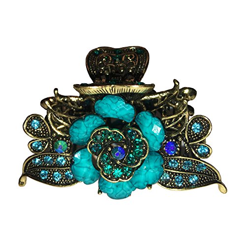 Antiqued Rose Metal Hair Claw Rhinestones and Sequins Retro Fashion Hair Clip (Blue)