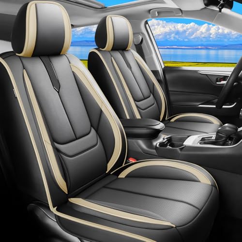 Image of Fit RAV4 Car Seat Covers for Toyota RAV4 2019-2025 2026 LE,XLE,XLE Premium, Limited - Upgraded Premium Waterproof & Breathable Leather,All-Weather Seat Cushion Protector,Full Set, Black-Beige