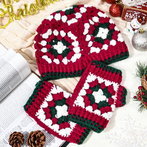 Crochet Hat and Fingerless Gloves Set, Red Green Boho Granny Square Knit Beanie Hat Handmade Crochet Hat4