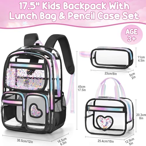 Image of Fimibuke Clear Backpack for Girls, 3PCS Heavy Duty PVC Transparent Kids Backpack for Teen Girls, School, Concert, Stadium Events Approved See Through School Girl Bookbag with Lunch Box & Pencil Case