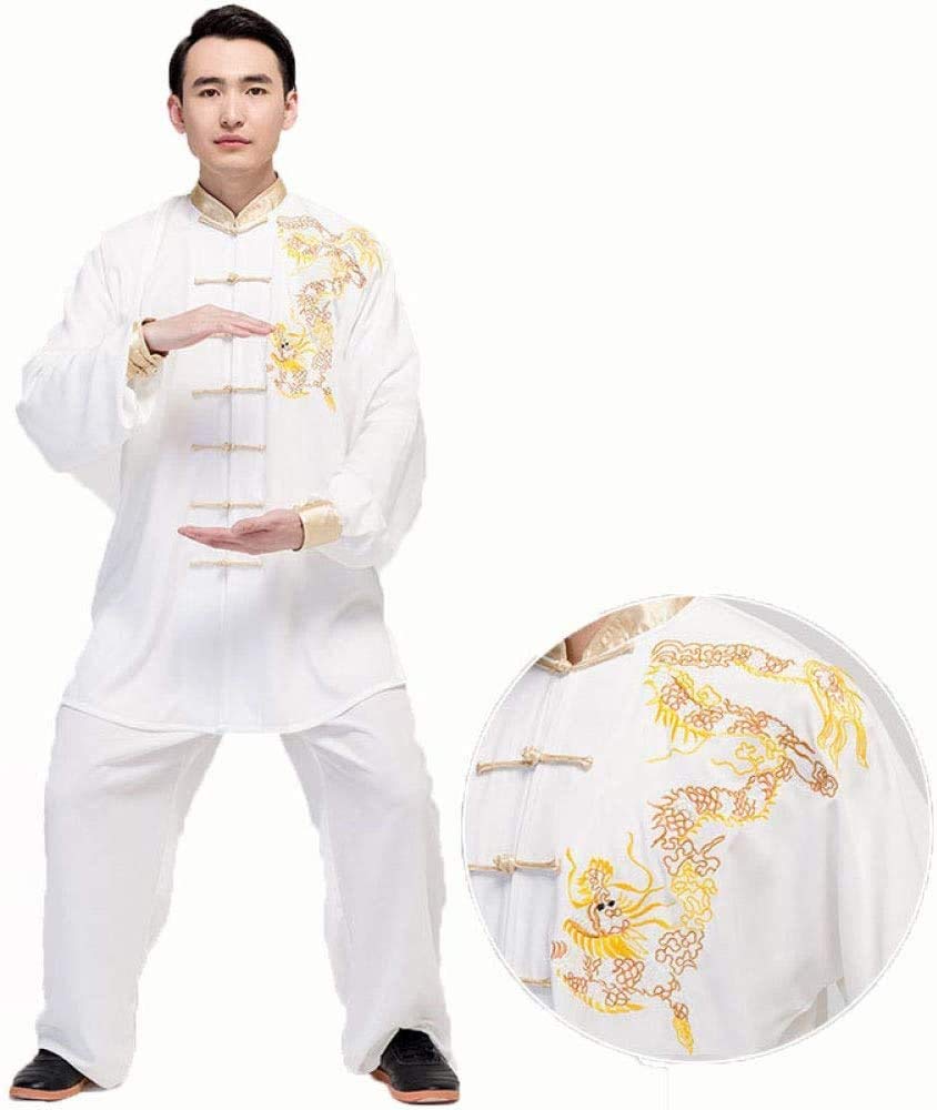 Tai Chi Abbigliamento Donna Meditazione Zen Uomo Classico Stile Cinese Ricamo Costumi Prestazioni Morbido Uniforme di Arti Marziali Uniforme Taekwondo Manica Lunga,White6-XXXL