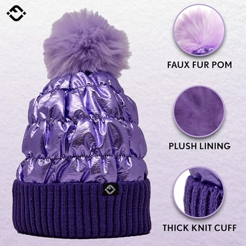 Funky Junque Shiny Puffer Knit Toddler Winter Hat Beanie with Faux Fur Pom-Pom, Fleece Lined, Ages 2-53