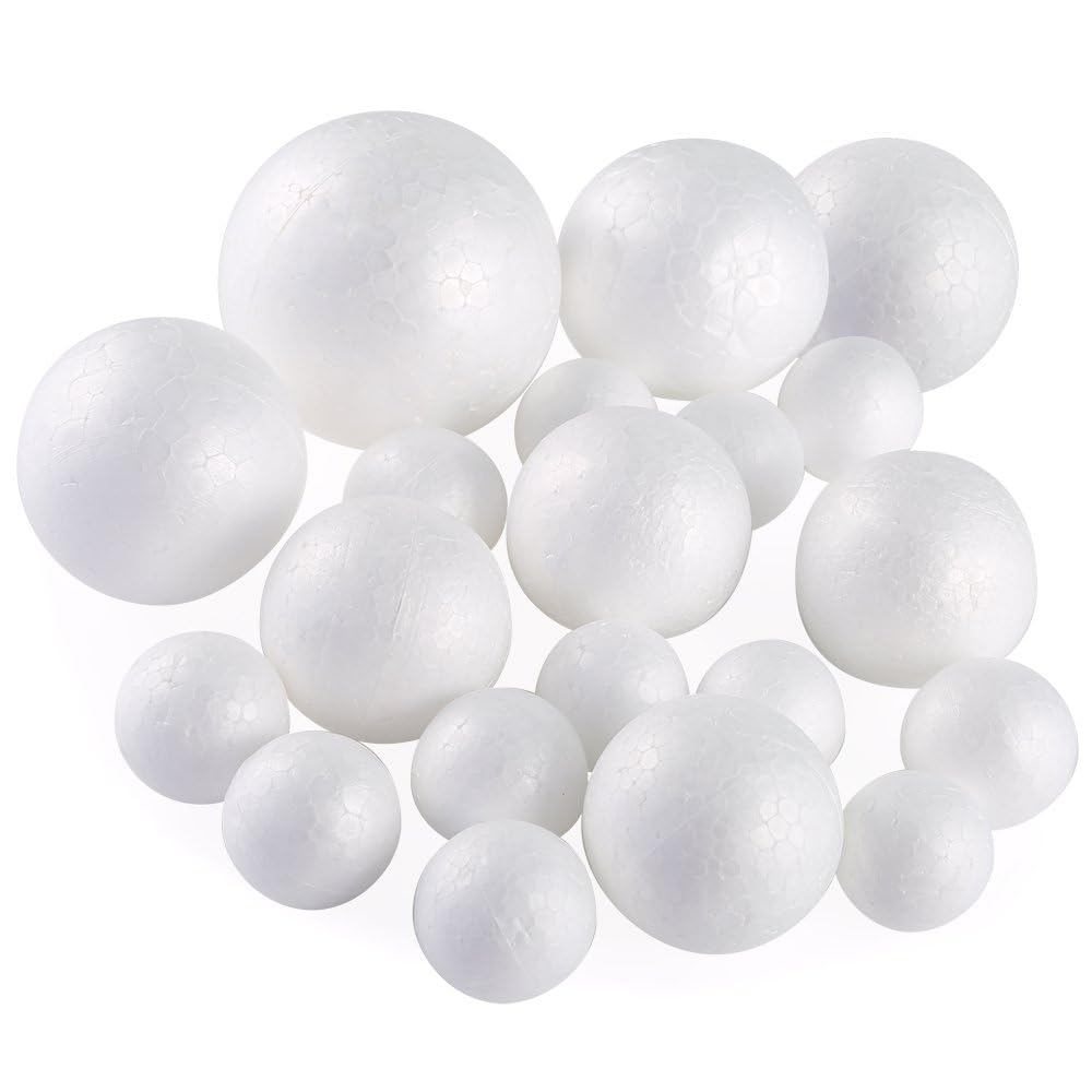 Pllieay20 Pieces 5 Sizes Christmas White Foam Balls Polystyrene Craft Balls Art Decoration Foam Balls for Art, Craft, Household, School Projects and Easter Party Decoration