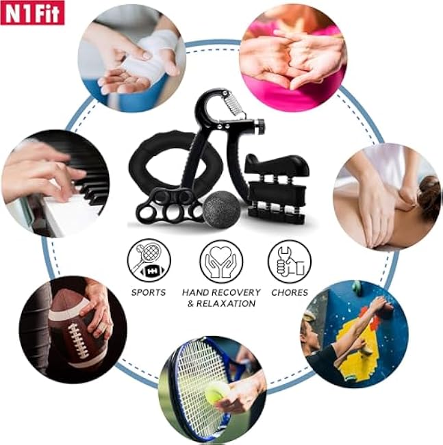 N1Fit Grip Strength Trainer Kit - 5 Pack Forearm Wrist Finger Grip Strengthener - Adjustable Resistance Hand Gripper Exerciser Strength Workout