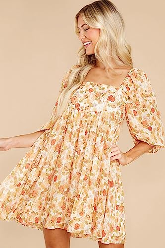 Womens Puff Sleeve Floral Print Dress Babydoll Square Neck A Line High Waist Ruched Summer Mini Dresses #TOP2