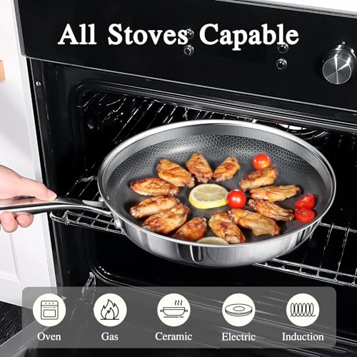 Image of GiPP Tri-Ply Stainless Steel Frying Pan with Lid, 12 inch Hybrid Frying Pans Nonstick Skillets, Dishwasher and Oven-Safe, Induction Ready, Compatible with All Cook tops, PFOS /PFOA Free