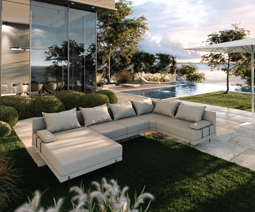 TRADA Salon d'angle de Jardin en Bois Bahama XL 222 x 370 cm en Forme de U (Set 4) (Gris, côté Droit)