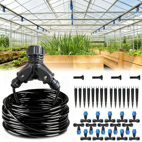 NACNO59FT [Selected Size] Greenhouse Misting Cooling System - DIY Automatic Irrigation Kit for Hanging Plants, Patio & Garden. Adjustable Atomizing Nozzles with 1/4' Tubing & Quick Connector Design.