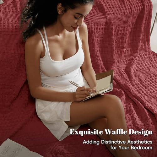 Image of PHF 100% Cotton Waffle Blanket Twin Size for College Dorm, Lightweight Breathable and Soft for Summer, Luxury Aesthetic Waffle Weave Blanket for Bed & Gifts for Women, 66 inchx90 inch, Wine Red