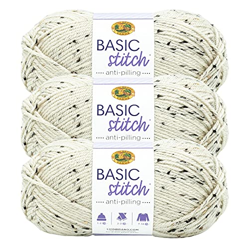 Image of Lion Brand Yarn Basic Stitch Anti-Pilling Yarn for Crocheting, Knitting, and Crafts, Almond Tweed, 3 Pack