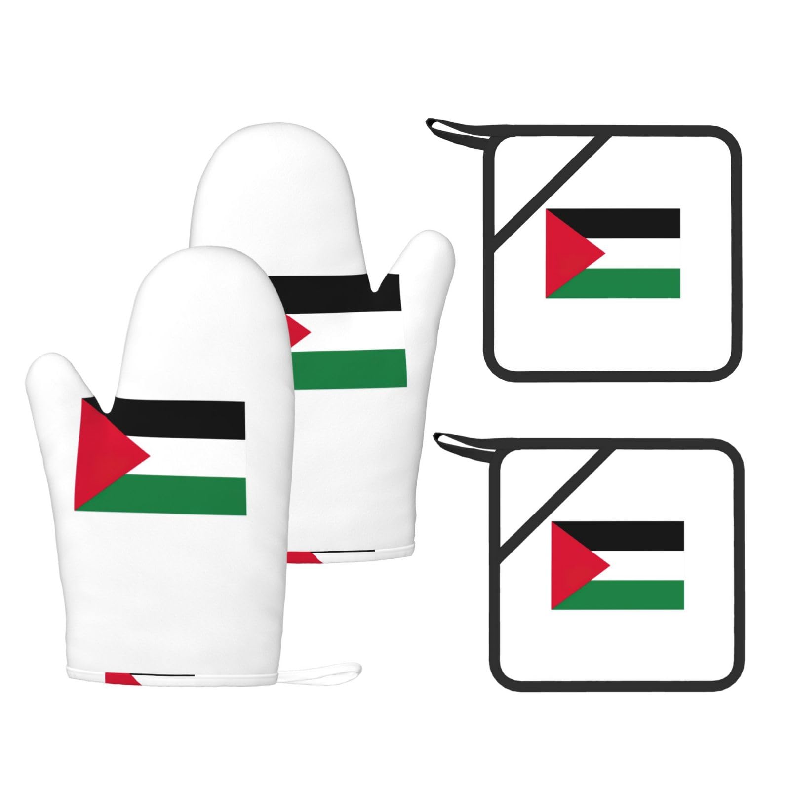 Nimongt Black Palestine Flag Print Heat Resistant Gloves Pads Reusable Kitchen Set Oven Baking Grilling Cooking