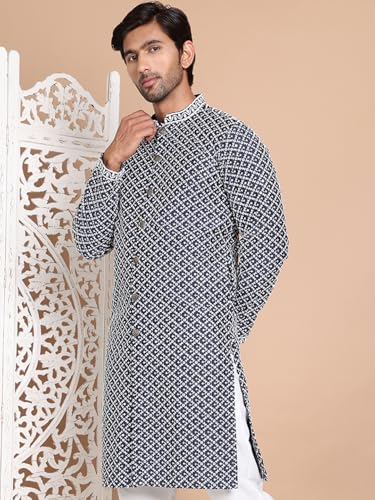 Image of Jompers Men's Silk Blend Regular Fit Sequin Chikankari Front Open Kurtas