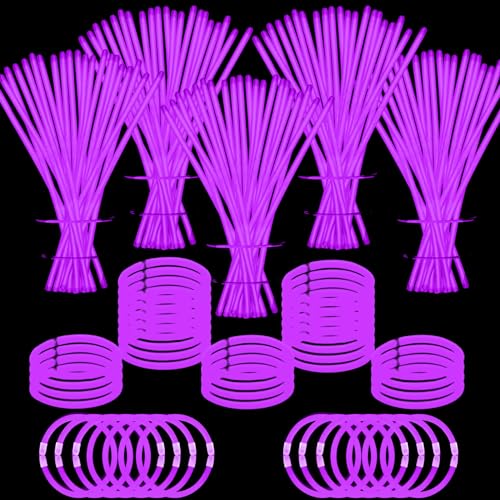 500 PCS Purple Glow Sticks Glow in the Dark Bracelet Necklaces Bulk 8" Glowsticks with Connectors 4th of July Sticks Neon Party Favor for Christmas NewYear Mardi Gars Valentines Day Wedding