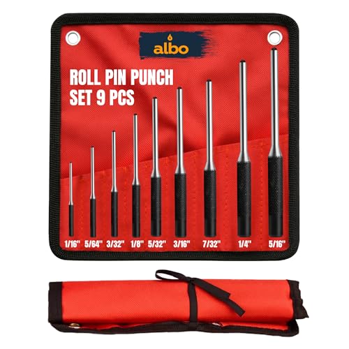 ALBO Roll Pin Punch Set 9-Piece SAE 1/165/16 in Chrome Vanadium Steel Heat-Treated Pin Punch Kit with Knurled Handles Roll-Up Storage Pouch for Automotive & Small Machinery