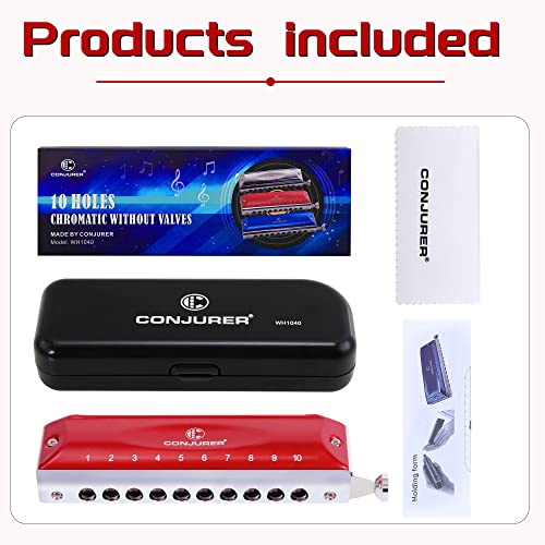 Conjurer Chromatic Harmonica C Key For Kids Adult Beginners 10 Hole 40 Tones Harmonica Key Of C Metal Stainless Steel Mouth Organ With Brass Sound Spring Blues Harp In Case, Red #TOP4