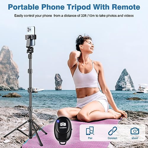 Image of 70 inch Phone Tripod with Remote & Holder, Portable Cell Phone Stand, Selfie Stick for Video Recording, Compatible with iPhone 14 /13 Pro Max /Android /Camera