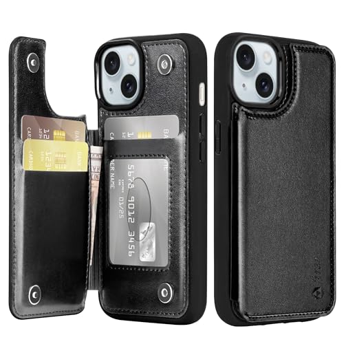 Arae Compatible for iPhone 15 Case with Card Holder - Wallet Case with PU Leather Card Pockets Back Flip Cover for iPhone 15 6.1 inch - Black