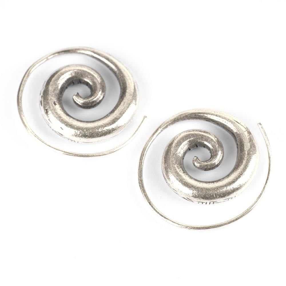 81stgeneration Karen Hill Tribe Pendientes de Plata con Espiral | Aros Tribales de Plata Pura 999 para Mujer | Pendientes de Aro Bohemios Artesanales de 28mm | Diseño Minimalista para Uso Diario