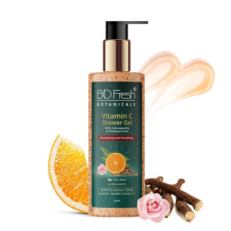 Image of BIOFRESH BOTANICALS Vitamin-C Shower Gel - 250ml Niacinamide Moisturizing Gel Ashwagandha & Himalayan Rose Brightening Skin Cleanser PH Balanced Nourishing Shower Gel (Pack of 1)