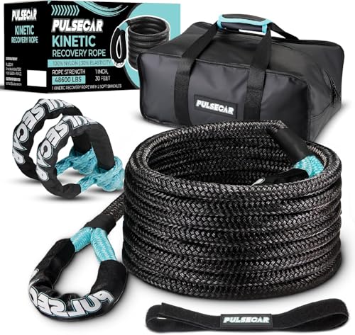 Kinetic Recovery Tow Rope 1'' x 30ft (48,600 lbs) with 2 Soft Shackles - Heavy Duty Offroad Snatch Strap Kit for Truck, SUV, ATV, UTV, Jeep - Durable & Elastic Tow Rope (Blue) - Pulsecar