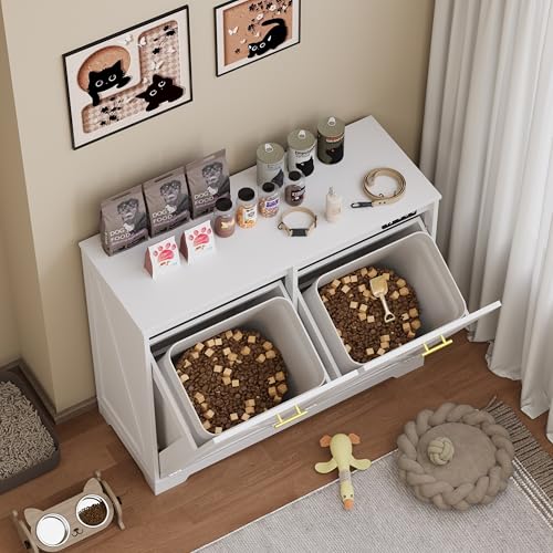 Image of Double Tilt Out Trash Can Cabinet, Wooden Farmhouse Kitchen Garbage Bin Enclosure with Negative Ion Odor Control, Hidden Dog Proof Trash or Laundry Basket Storage for Laundry Room, White