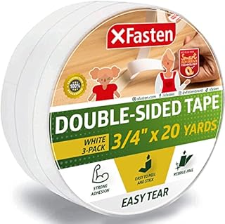 XFasten Tear-by-Hand Double Sided Tape, 3/4-Inch by 20-Yards (3-Pack), Easy Tear for DIY Crafts, Woodworking and Carpet Installation