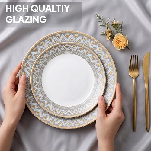 Image of Cello Divine Series Opalware Dinner Set 33 Pc | Trinity Gold | Opal Glass, Lightweight, Chip-Resistant | Microwave Safe, Dishwasher Safe | Scratch-Resistant | Crockery Set for Dining & Gifting | White