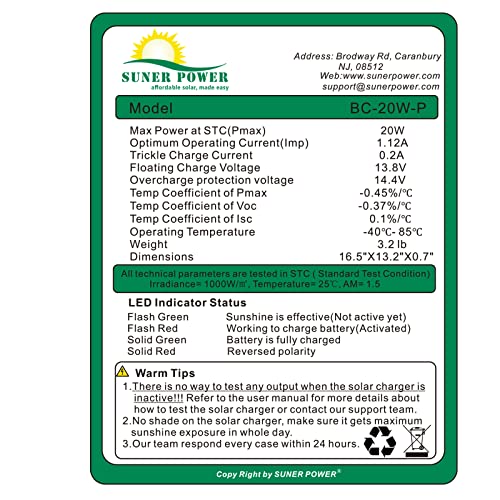 Suner Power 12V Solar Battery Charger Maintainer, Waterproof 20W Solar Trickle Charger, High Efficiency Solar Panel Kit, Built-In Intelligent Mppt Controller + Adjustable Bracket + Sae Cable Kits #TOP4