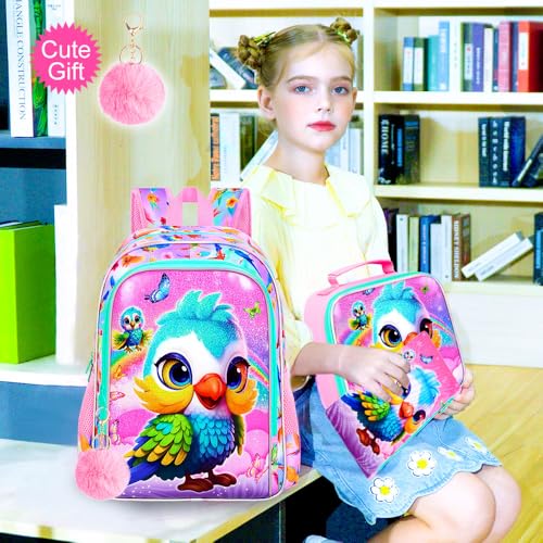 Image of CCJPX 3PCS Parrot Backpack for Girls, 16 Inch Water Resistant Preschool Bookbags, Kids Elementary Kindergarten School Backpacks and Lunch Box