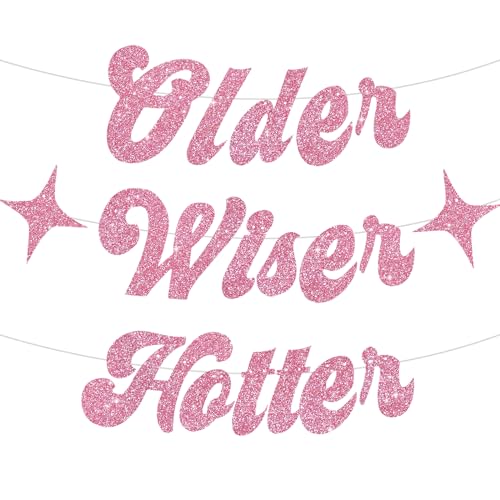 Image of BEISHIDA Glitter Pink Older Wiser Hotter Banner with Star, Funny Birthday Banner 30th 40th 50th 60th 70th 80th Party Decorations Sign Gift