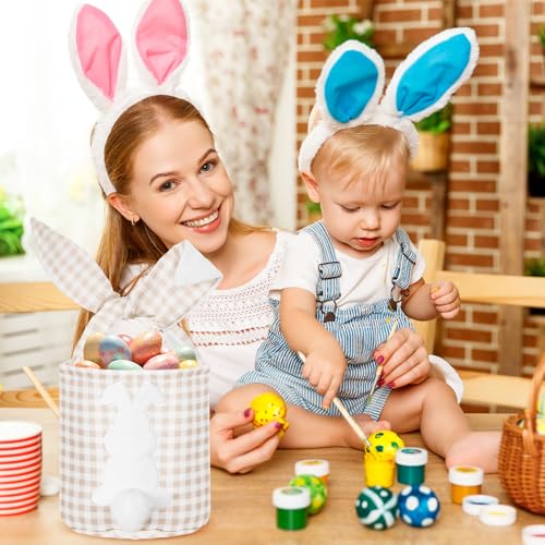 Image of Cosblank 6 Pcs Bunny Canvas Bags Rabbit Print Basket with Foldable Ears Candy Goodie Bunny Tote Gift Bag for Birthday Party Decorations Supplies(Vivid Color,Plaid and Dot)