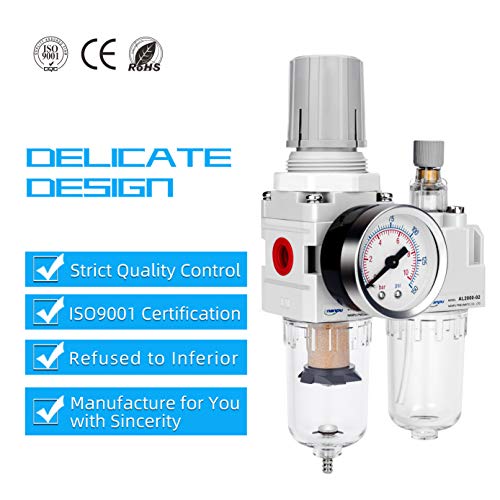 NANPU 1/4\" NPT Compressed Air Filter Regulator Lubricator Combo Water/Oil Trap Separator - Gauge(0-150 psi), Poly Bowl, Semi-Auto Drain, Bracket - 3 in 1 Two Unit - Thumbnail 6